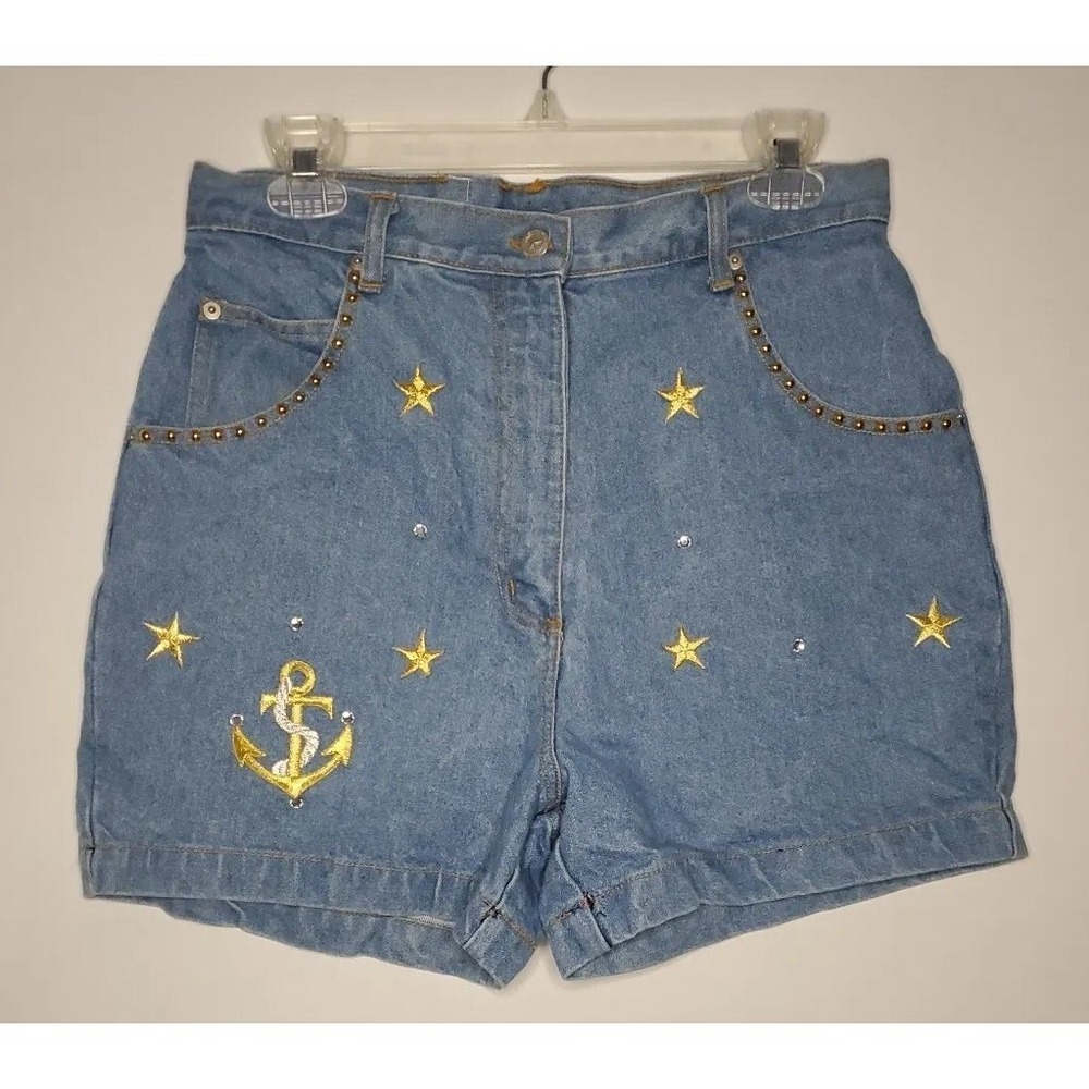 Blue Denim High Waist Embroidered Anchor Star Studded Jean Shorts 11/12 Nautical